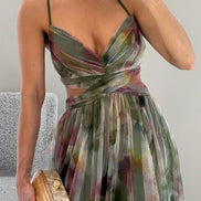 Womens Watercolour Maxi Dress - Deep V-Neck Flowing Style