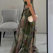 Womens Watercolour Maxi Dress - Deep V-Neck Flowing Style