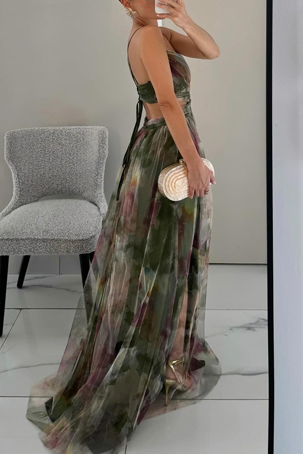 Womens Watercolour Maxi Dress - Deep V-Neck Flowing Style