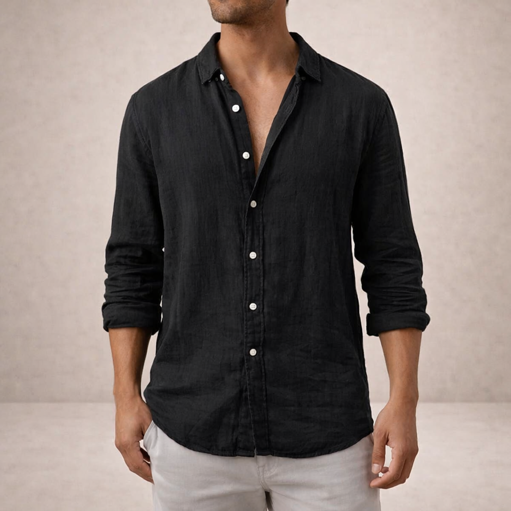 Mens Linen Shirt - Open Collar Long Sleeve Casual