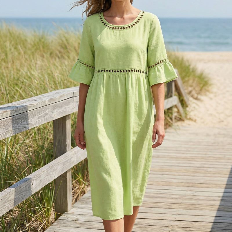 Womens Cotton-Linen Midi Dress - Lace Detail with Pockets