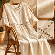 Womens Cotton-Linen Midi Dress - Lace Detail with Pockets