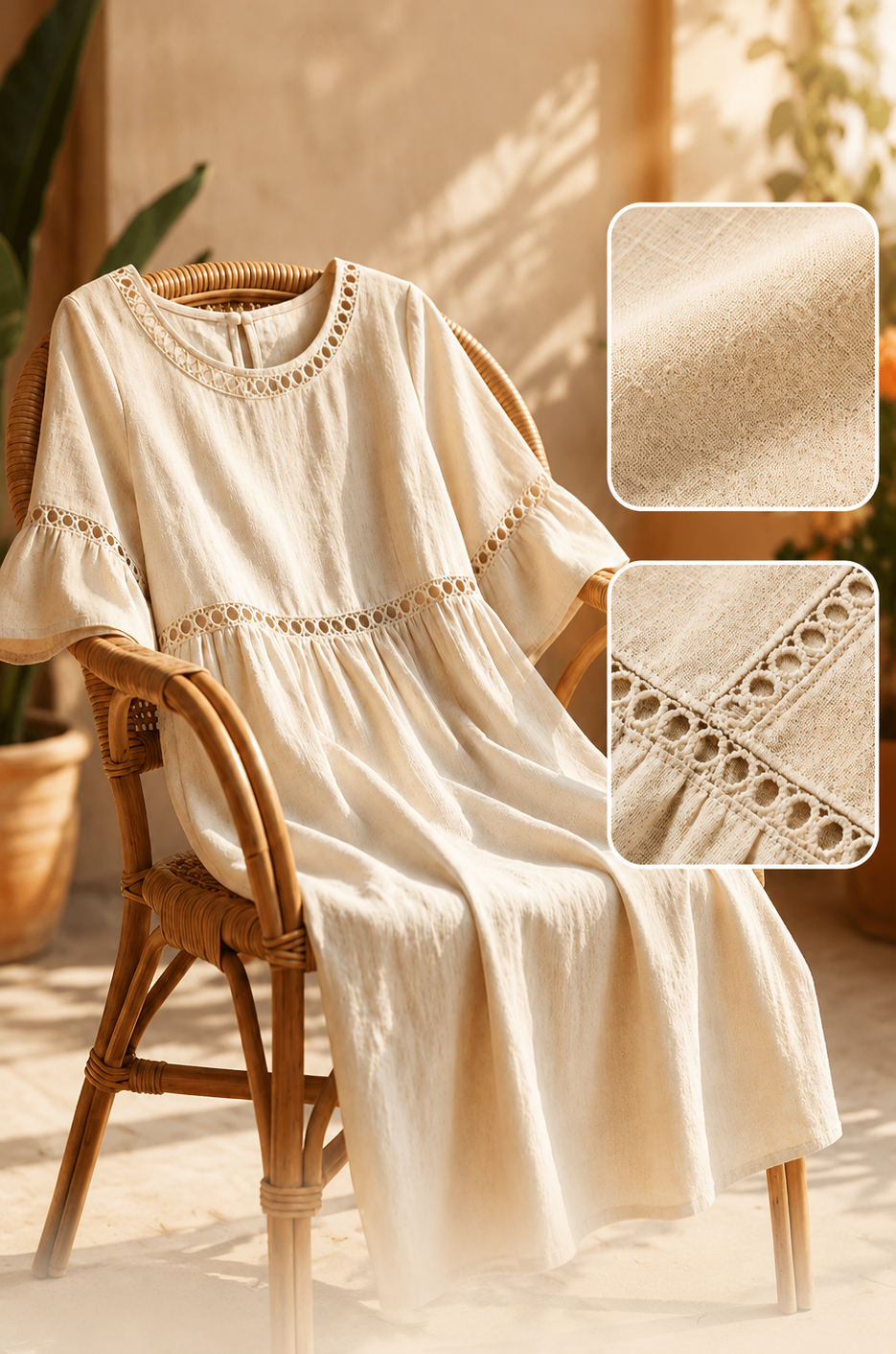 Womens Cotton-Linen Midi Dress - Lace Detail with Pockets