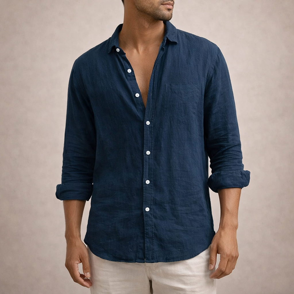 Mens Linen Shirt - Open Collar Long Sleeve Casual