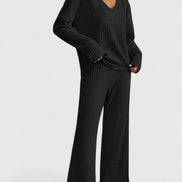 Womens Knit Lounge Set – Ribbed V-Neck Sweater & Wide-Leg Pants