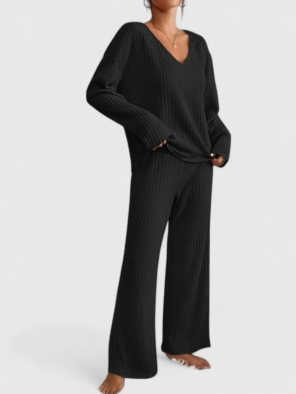 Womens Knit Lounge Set – Ribbed V-Neck Sweater & Wide-Leg Pants
