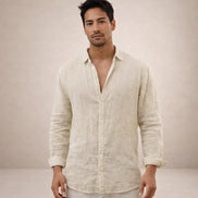 Mens Linen Shirt - Open Collar Long Sleeve Casual
