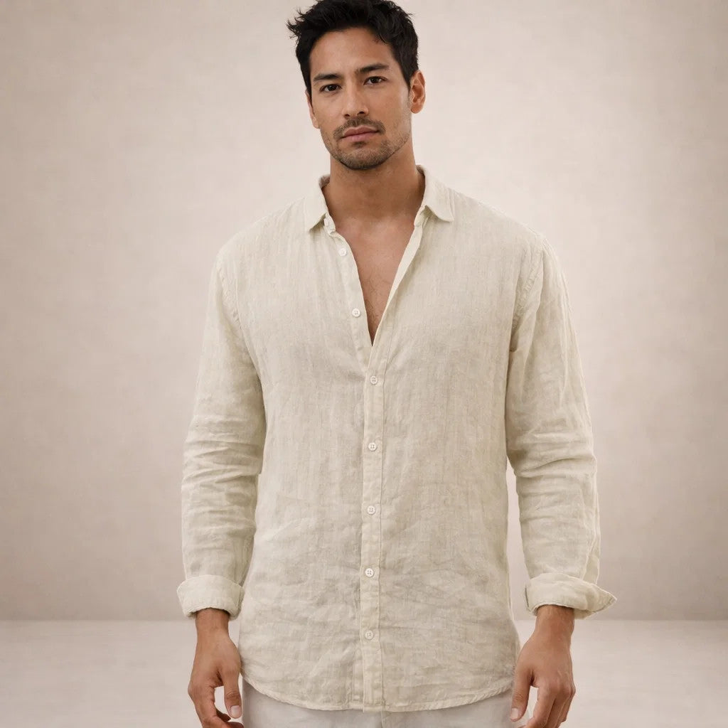 Mens Linen Shirt - Open Collar Long Sleeve Casual