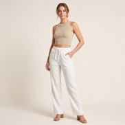Womens Linen Wide Leg Pants - Elasticated Drawstring Waist