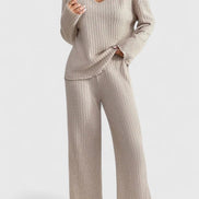 Womens Knit Lounge Set – Ribbed V-Neck Sweater & Wide-Leg Pants
