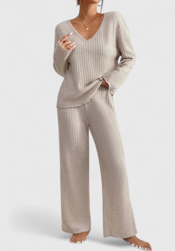 Womens Knit Lounge Set – Ribbed V-Neck Sweater & Wide-Leg Pants