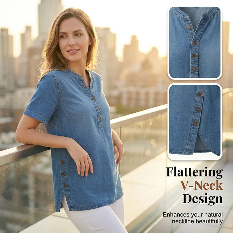 Womens Denim Tunic Top - V-Neck Relaxed Fit