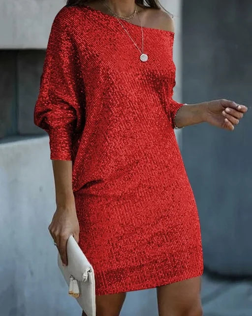 Womens Sequin Party Dress - One-Shoulder Statement Style