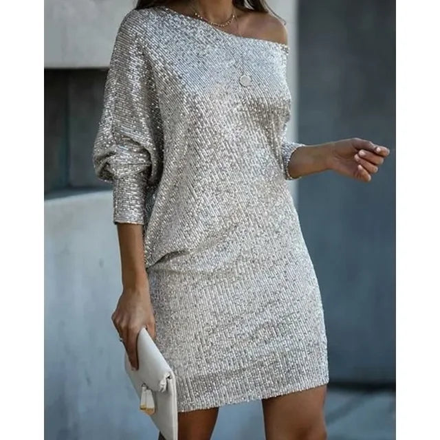Womens Sequin Party Dress - One-Shoulder Statement Style