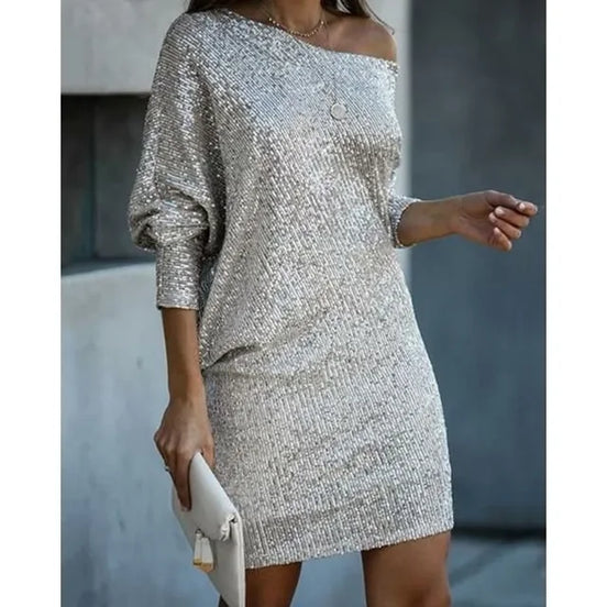 Womens Sequin Party Dress - One-Shoulder Statement Style