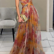 Womens Watercolour Maxi Dress - Deep V-Neck Flowing Style