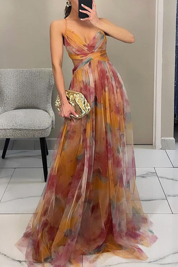 Womens Watercolour Maxi Dress - Deep V-Neck Flowing Style