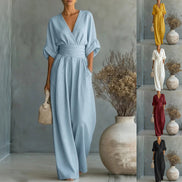 Womens Wide-Leg Wrap Jumpsuit - Cinched Waist Style