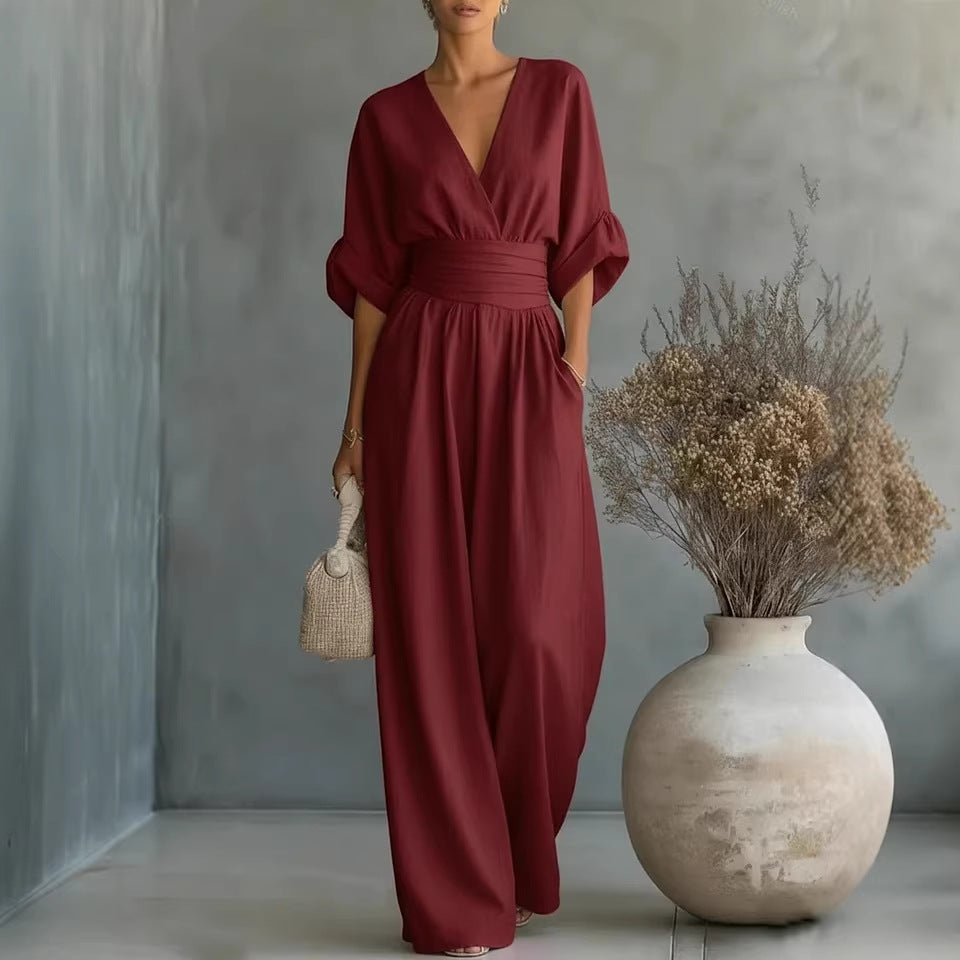 Womens Wide-Leg Wrap Jumpsuit - Cinched Waist Style