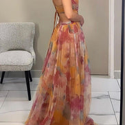 Womens Watercolour Maxi Dress - Deep V-Neck Flowing Style