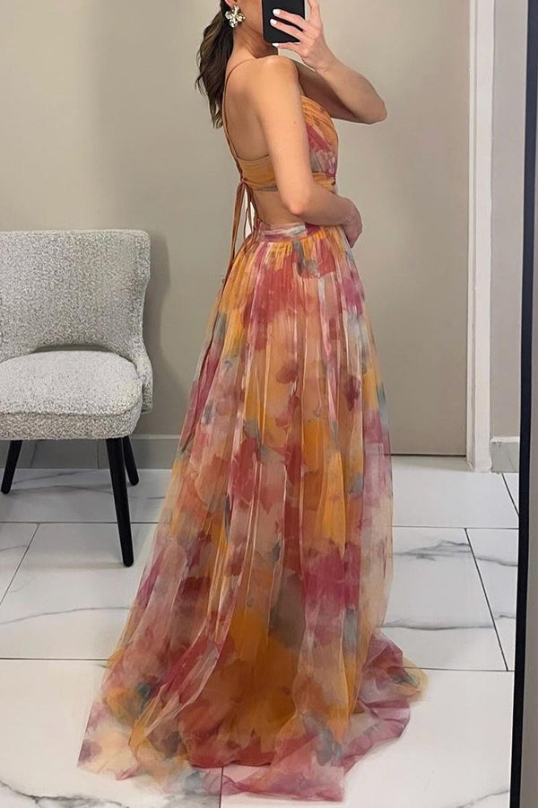 Womens Watercolour Maxi Dress - Deep V-Neck Flowing Style