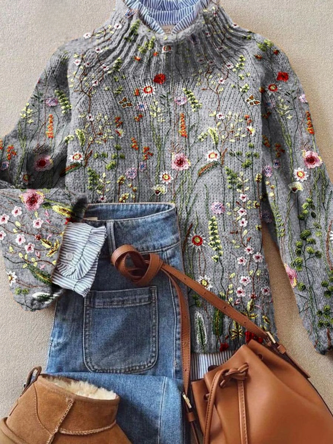 Womens Floral Embroidered Knit Sweater – Relaxed Ribbed Style