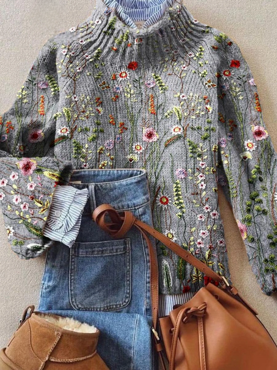 Womens Floral Embroidered Knit Sweater – Relaxed Ribbed Style