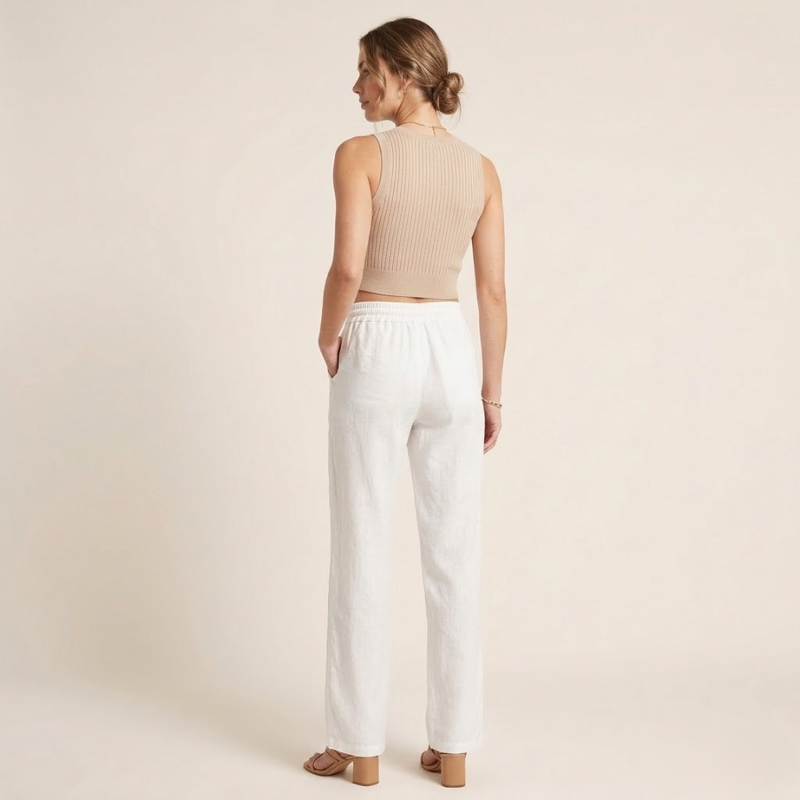 Womens Linen Wide Leg Pants - Elasticated Drawstring Waist