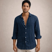 Mens Linen Shirt - Open Collar Long Sleeve Casual