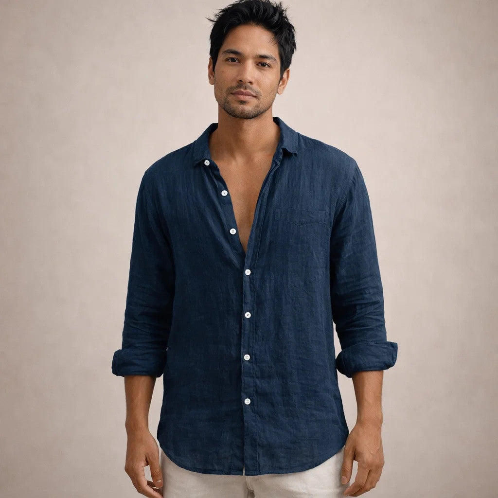 Mens Linen Shirt - Open Collar Long Sleeve Casual