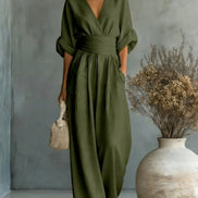 Womens Wide-Leg Wrap Jumpsuit - Cinched Waist Style