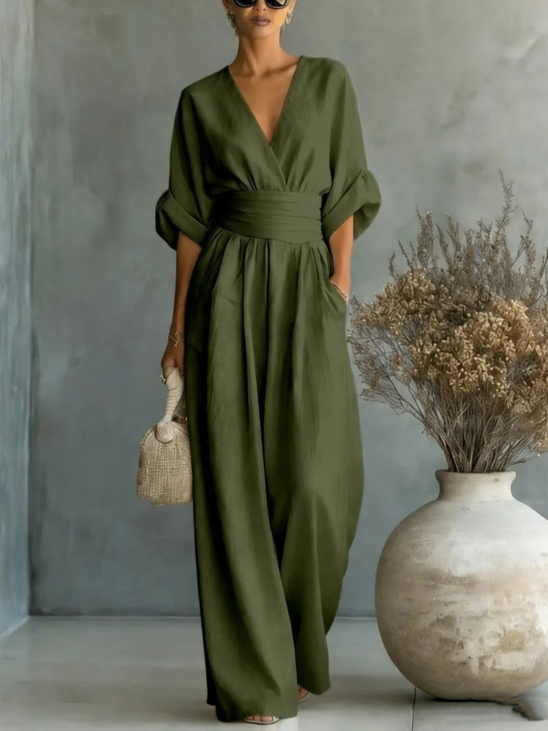 Womens Wide-Leg Wrap Jumpsuit - Cinched Waist Style
