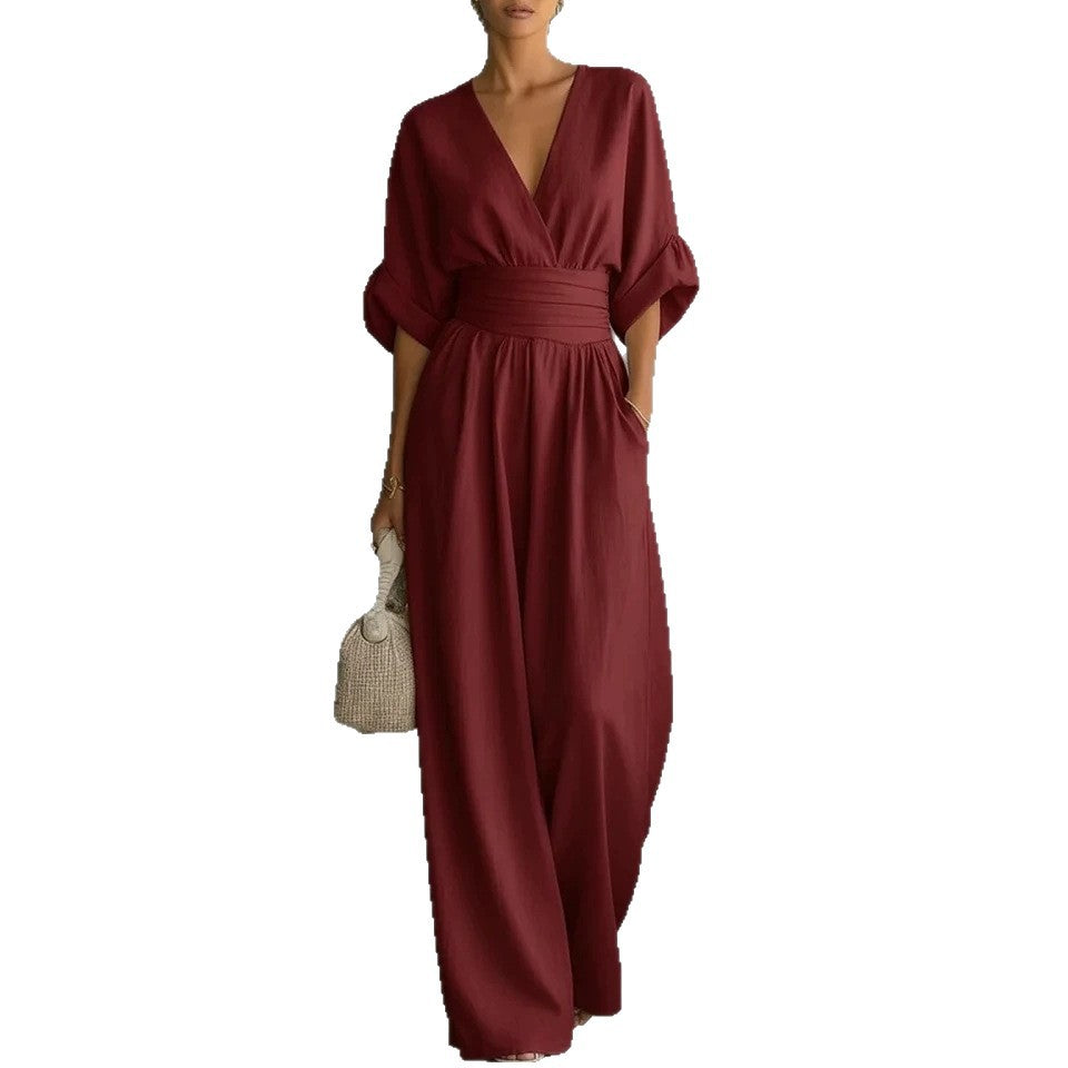 Womens Wide-Leg Wrap Jumpsuit - Cinched Waist Style