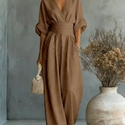 Womens Wide-Leg Wrap Jumpsuit - Cinched Waist Style