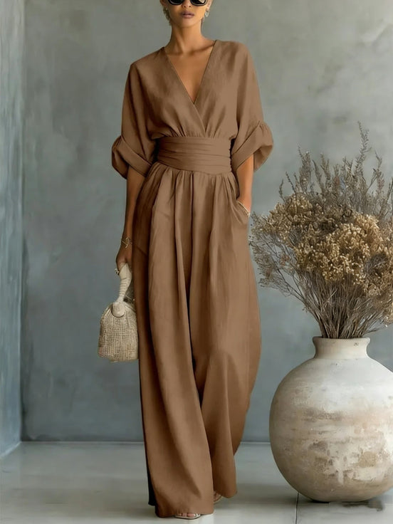 Womens Wide-Leg Wrap Jumpsuit - Cinched Waist Style