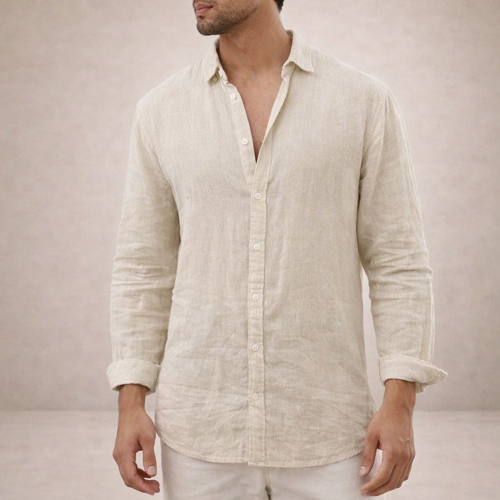 Mens Linen Shirt - Open Collar Long Sleeve Casual