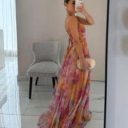 Womens Watercolour Maxi Dress - Deep V-Neck Flowing Style