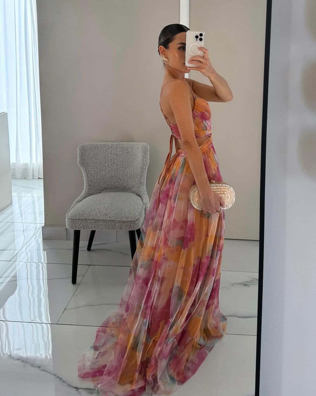 Womens Watercolour Maxi Dress - Deep V-Neck Flowing Style