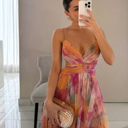 Womens Watercolour Maxi Dress - Deep V-Neck Flowing Style