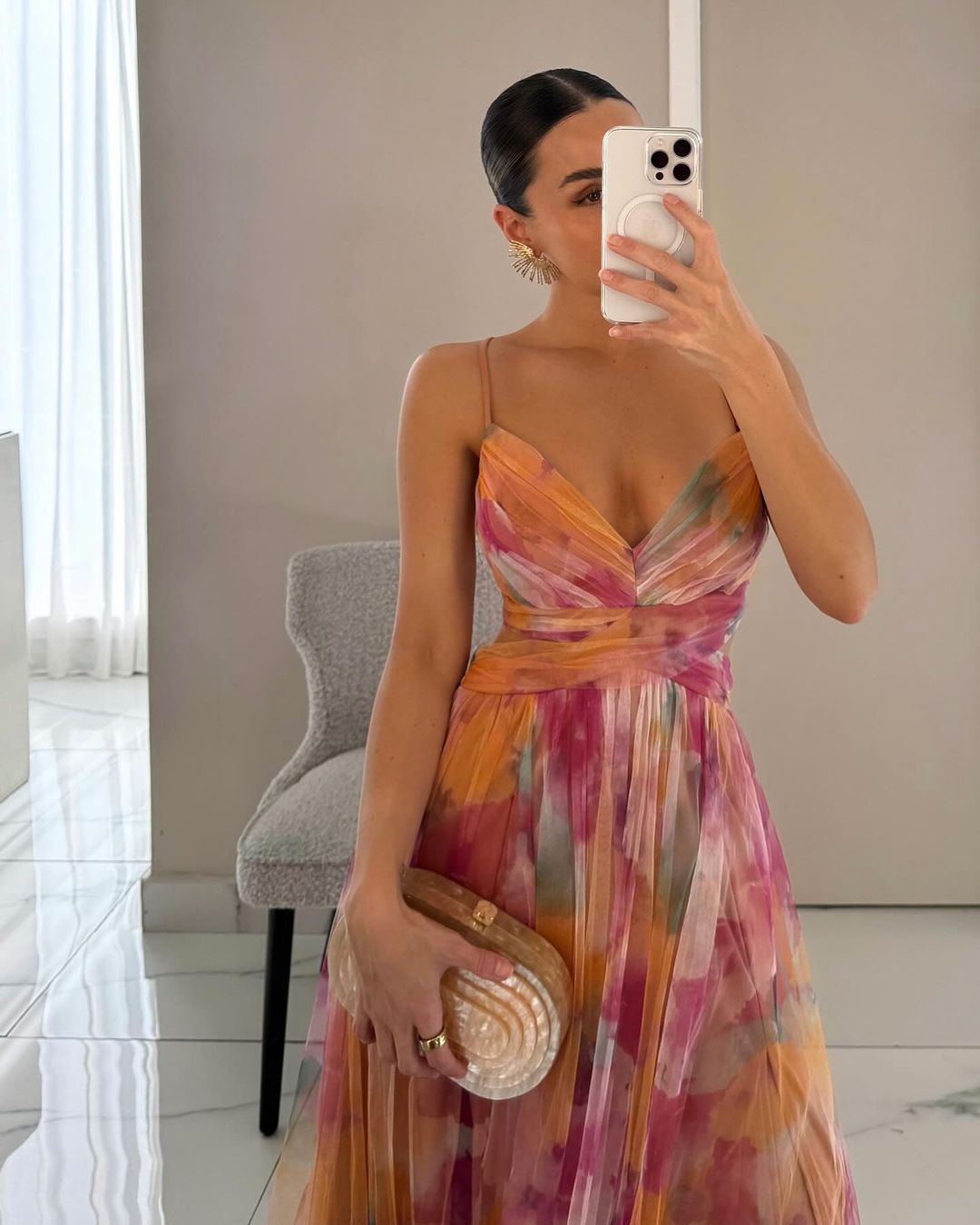 Womens Watercolour Maxi Dress - Deep V-Neck Flowing Style