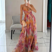 Womens Watercolour Maxi Dress - Deep V-Neck Flowing Style