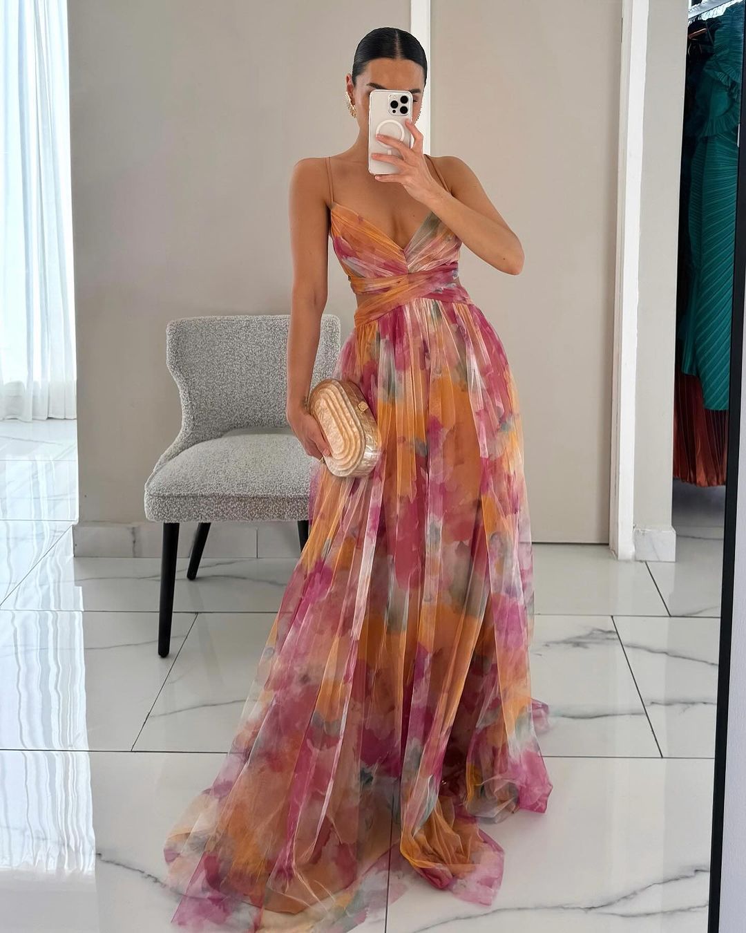 Womens Watercolour Maxi Dress - Deep V-Neck Flowing Style