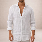 Mens Linen Shirt - Open Collar Long Sleeve Casual