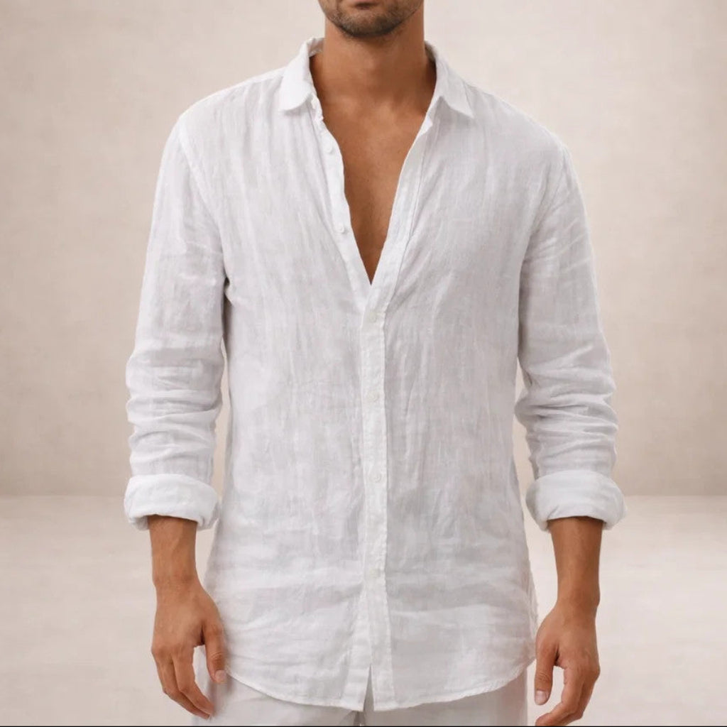 Mens Linen Shirt - Open Collar Long Sleeve Casual