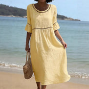 Womens Cotton-Linen Midi Dress - Lace Detail with Pockets