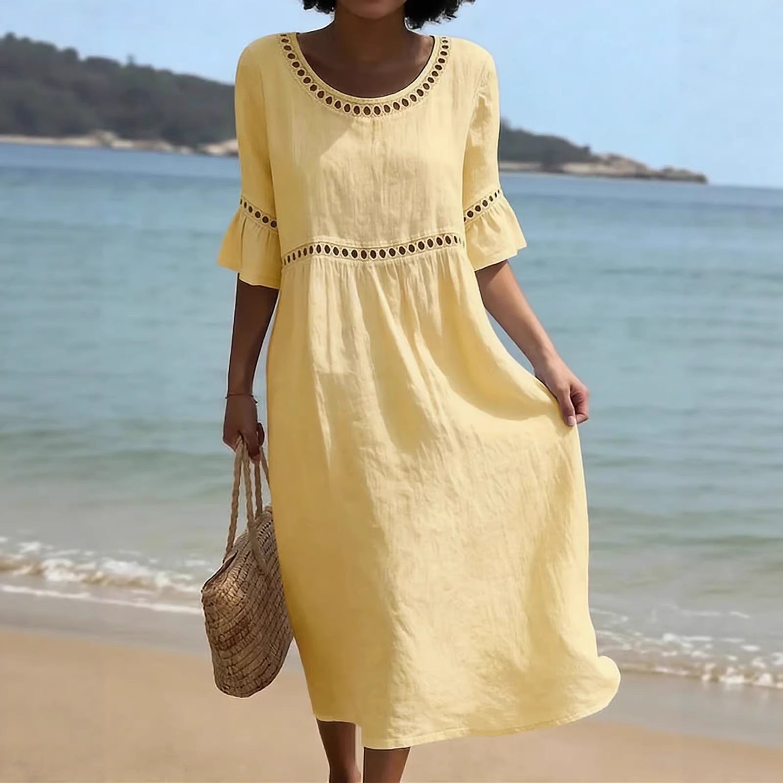 Womens Cotton-Linen Midi Dress - Lace Detail with Pockets