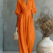 Womens Wide-Leg Wrap Jumpsuit - Cinched Waist Style
