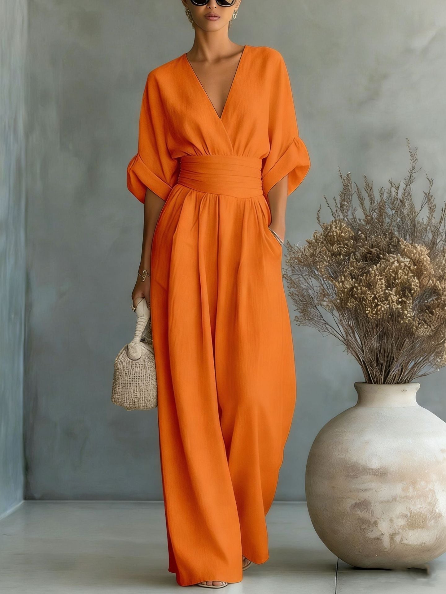 Womens Wide-Leg Wrap Jumpsuit - Cinched Waist Style