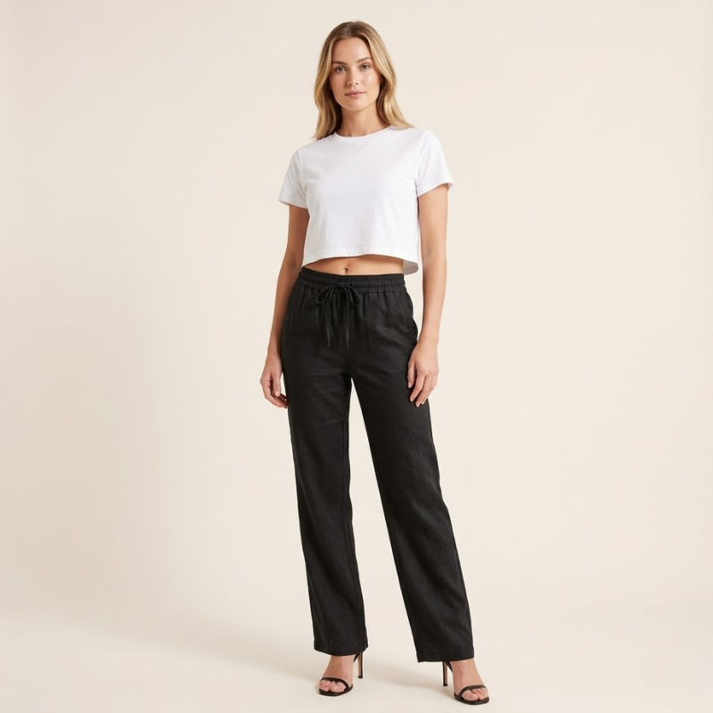Womens Linen Wide Leg Pants - Elasticated Drawstring Waist