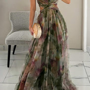 Womens Watercolour Maxi Dress - Deep V-Neck Flowing Style